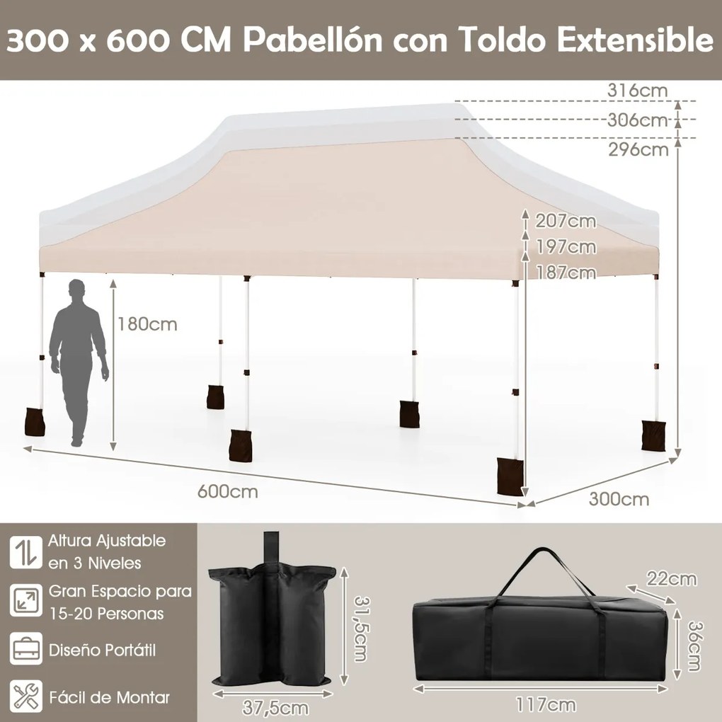 Tenda festas, eventos de 3 x 6 m com pesos e bolsa de transporte dobrável com altura ajustável de jardim bege