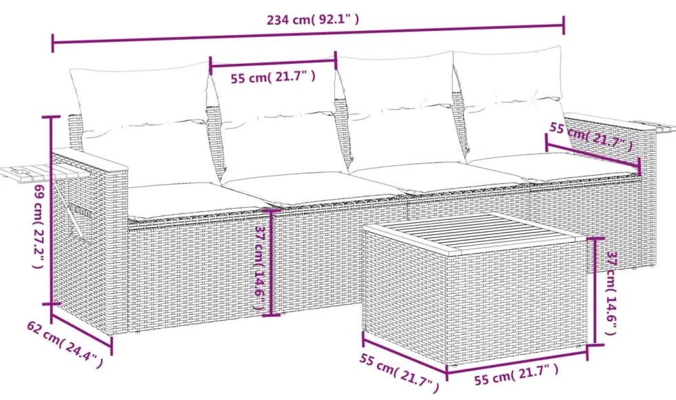 5 pcs conjunto de sofás p/ jardim com almofadões vime PE bege