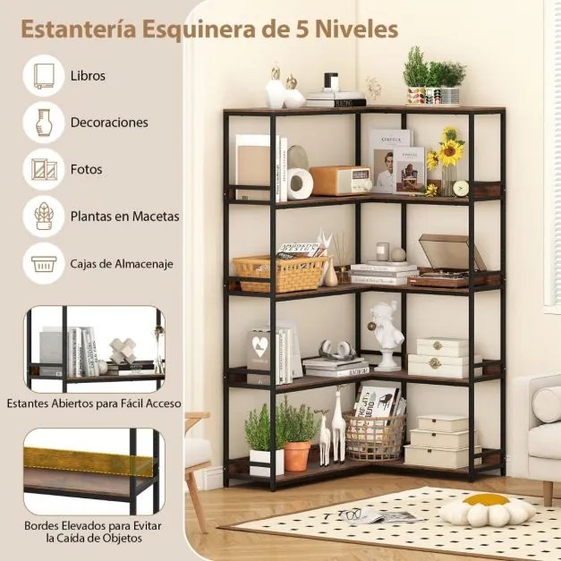 Estante de canto 110 x 89 x 180 cm com 5 níveis, 10 compartimentos abertos e protetor com pés para sala Castanha