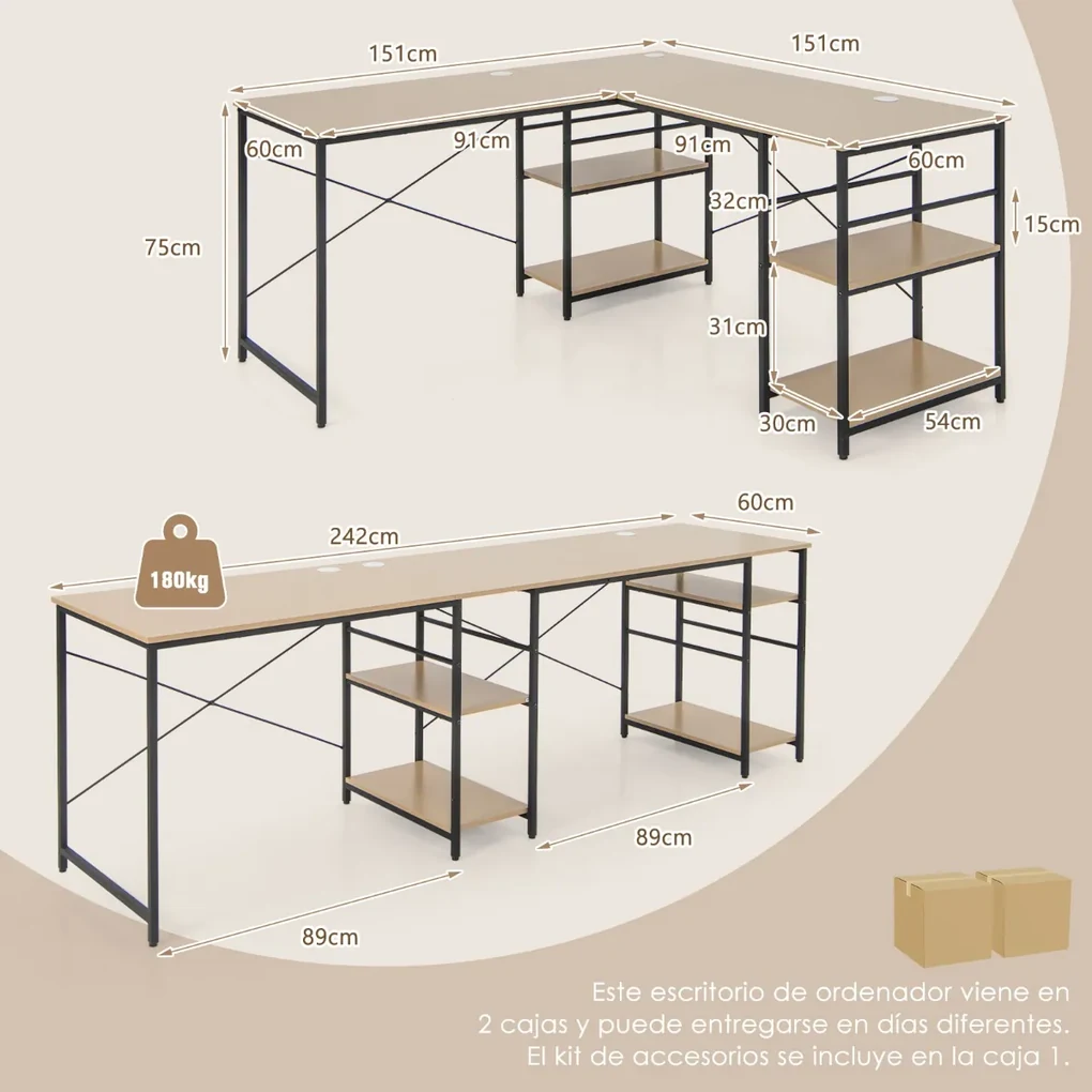 Mesa de computador em L 2 formatos 4 lados Mesa de trabalho para 2 ...