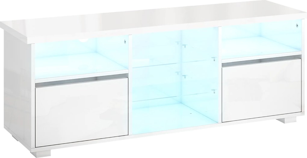 HOMCOM Móvel para TV 120 cm, suporte para TV de até 140 cm iluminação LED e controle remoto prateleiras de vidro branco | Aosom Portugal