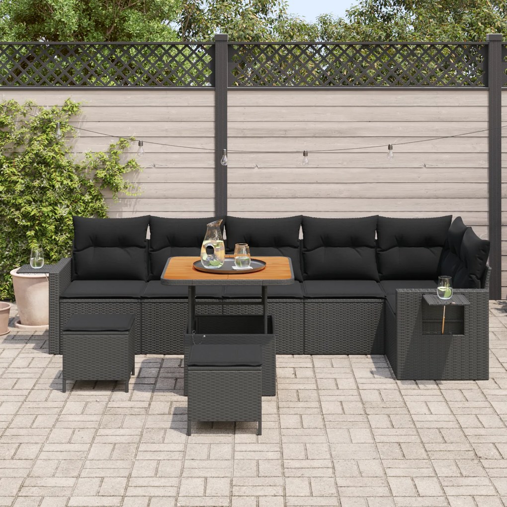 Conjunto de Sofás de Jardim vidaXL 9 Peças com Almofadas Preto Poly Ra