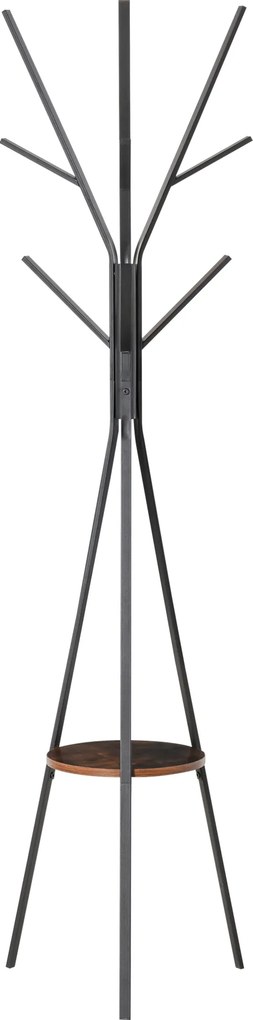Cabide com três pernas, design contemporâneo, prateleira + 9 ganchos; dim. 45 x 45 x 180 cm; metal castanho