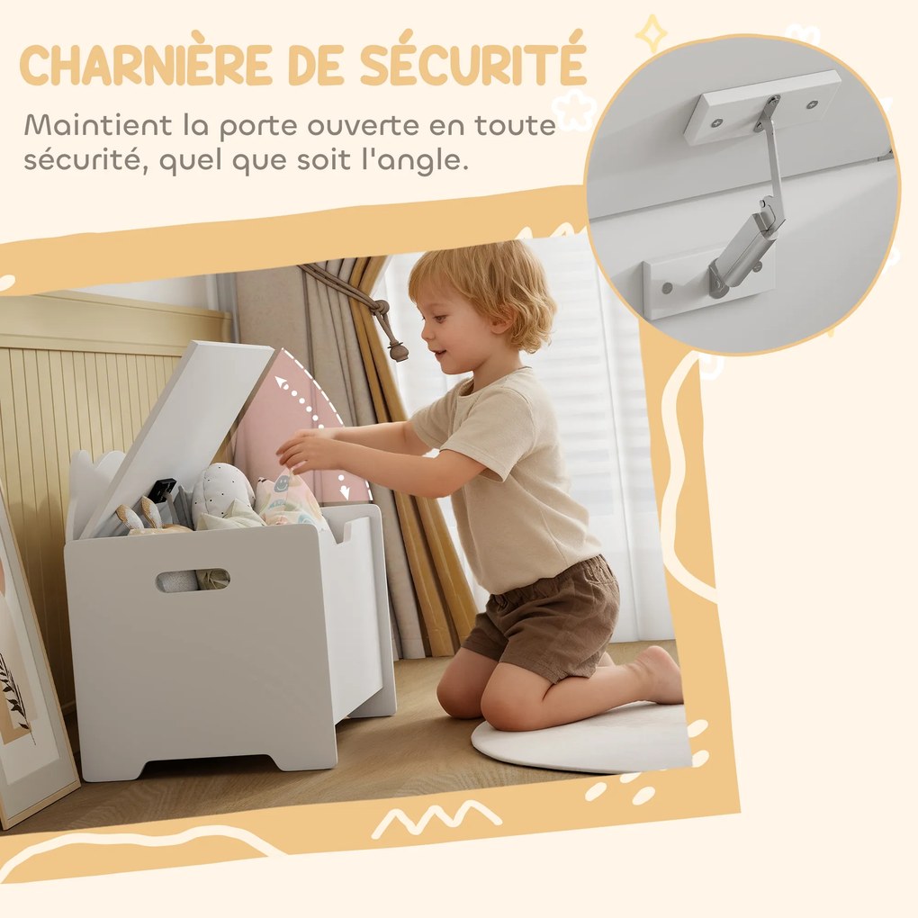 Baú para brinquedos infantil 60 x 38 x 48 cm com tampa rebatível, baú de arrumação infantil, em forma de urso, branco