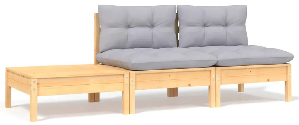 vidaXL 3 pcs conj. lounge de jardim c/ almofadões cinza pinho maciço