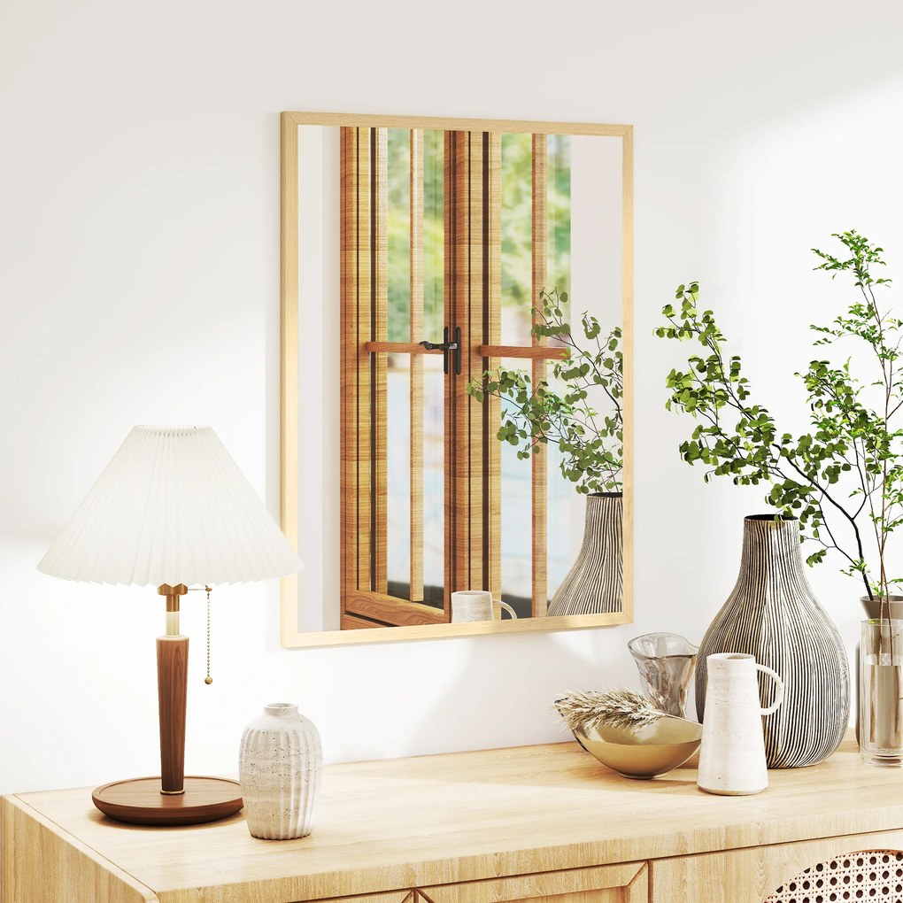 Espelho de parede retangular de 80 x 60 cm, com moldura em madeira natural, ideal para a casa de banho, sala de estar ou quarto