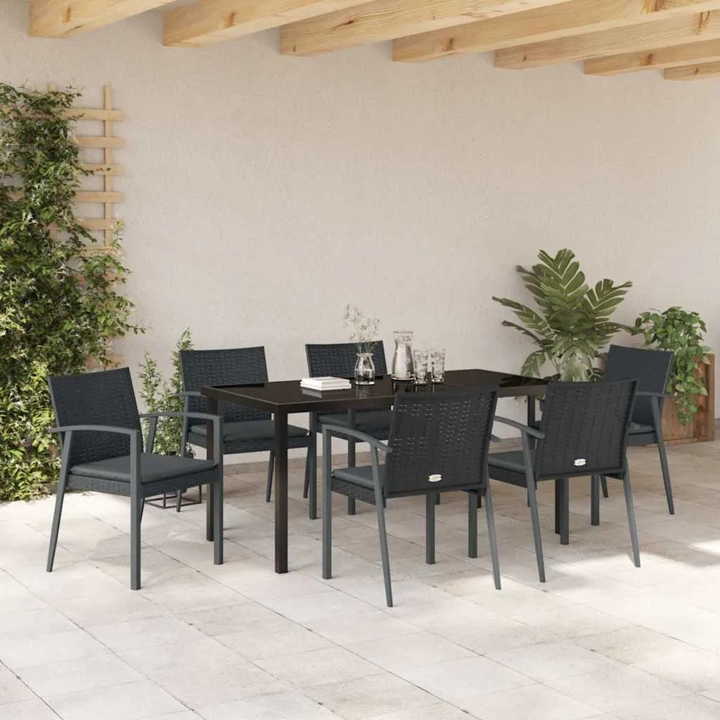 Conjunto de Jantar de Jardim com 7 Peças e Almofadas pretas em Rattan