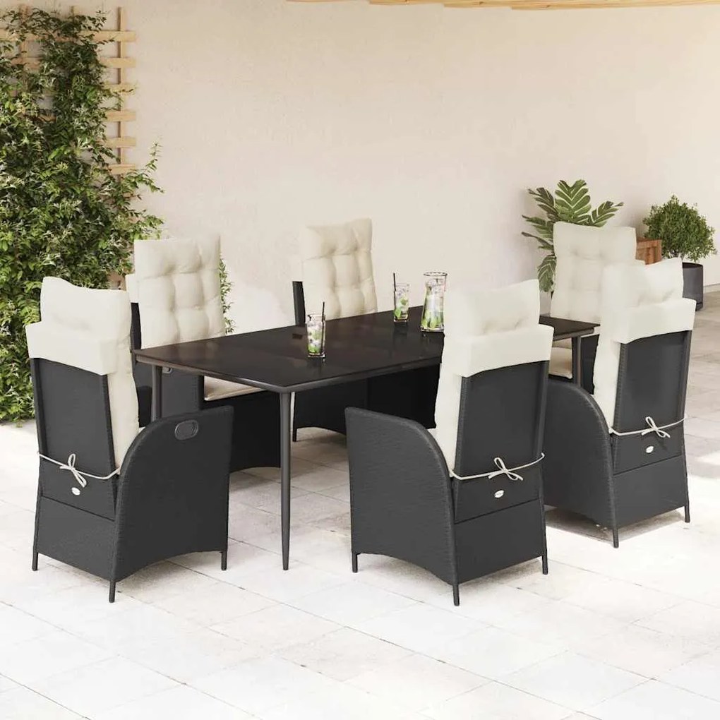 7 pcs conjunto de jantar p/ jardim c/ almofadões vime PE preto