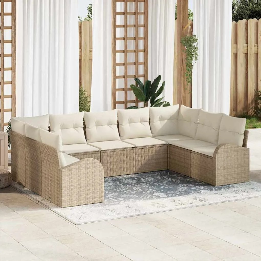 vidaXL Conjunto de Sofá de Jardim com 9 Peças e Almofadas Bege em Rattan Sintético