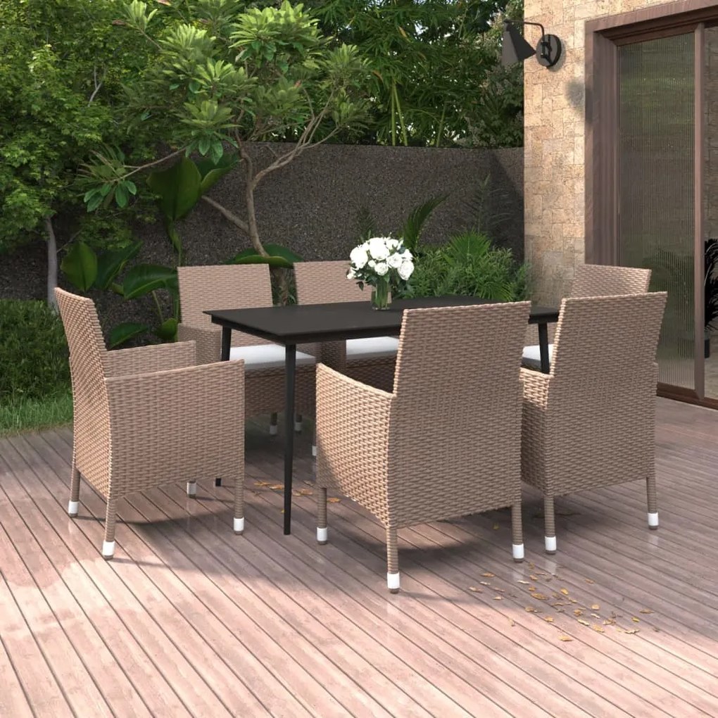vidaXL 7 pcs conjunto de jantar p/ jardim c/ almofadões vime PE/vidro