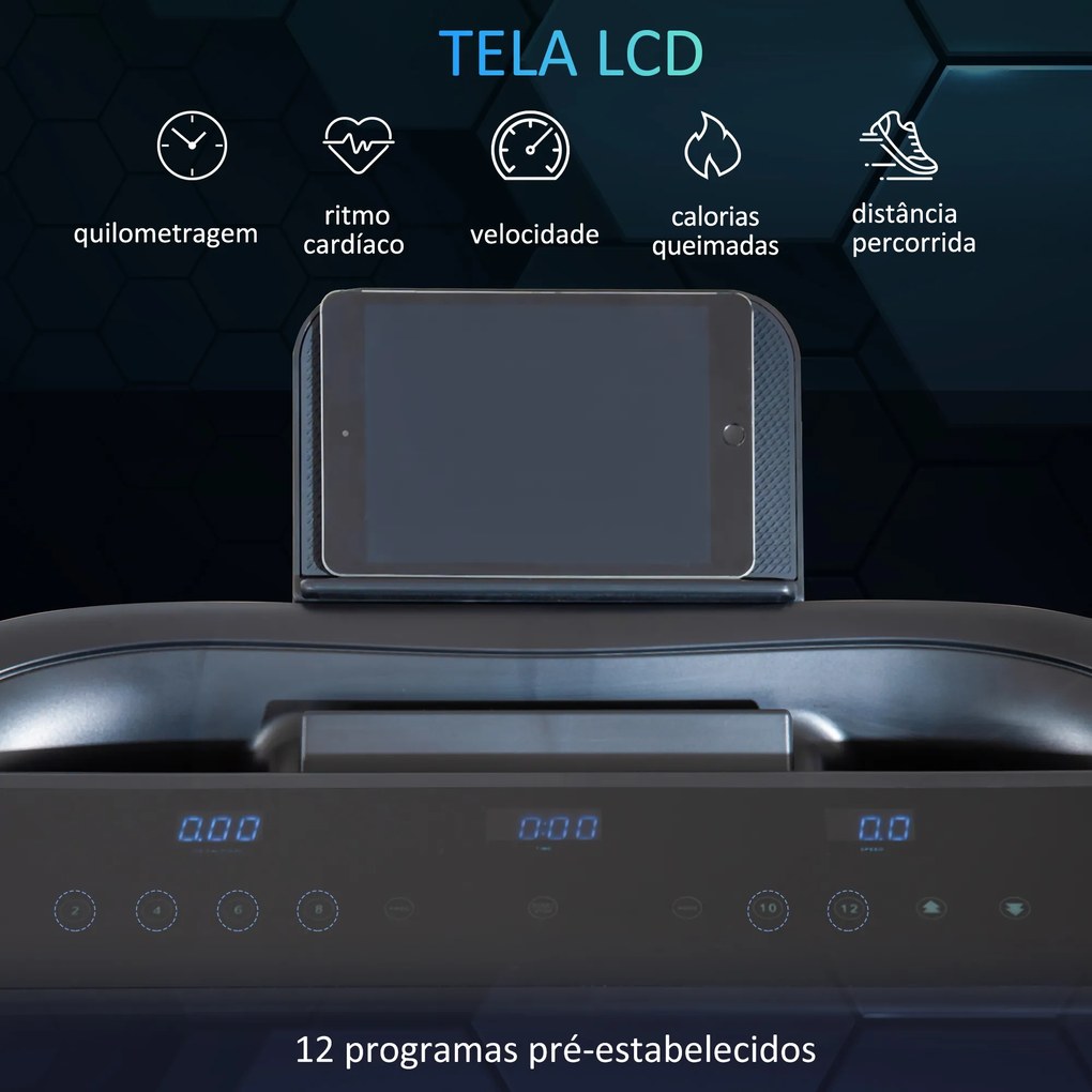 HOMCOM Passadeira de Correr e Andar Dobrável com 12 Programas Velocidade até 14km/h Tela LCD Pulsômetro Superfície 122x41cm e Rodas de Transporte 153x77x124cm Preto