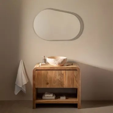 Conjunto De Móvel De Casa De Banho Em Madeira Vacry Castanho Acácia & Irregular Em Cimento Bege ↔︎40 Cm Fedro - Sklum