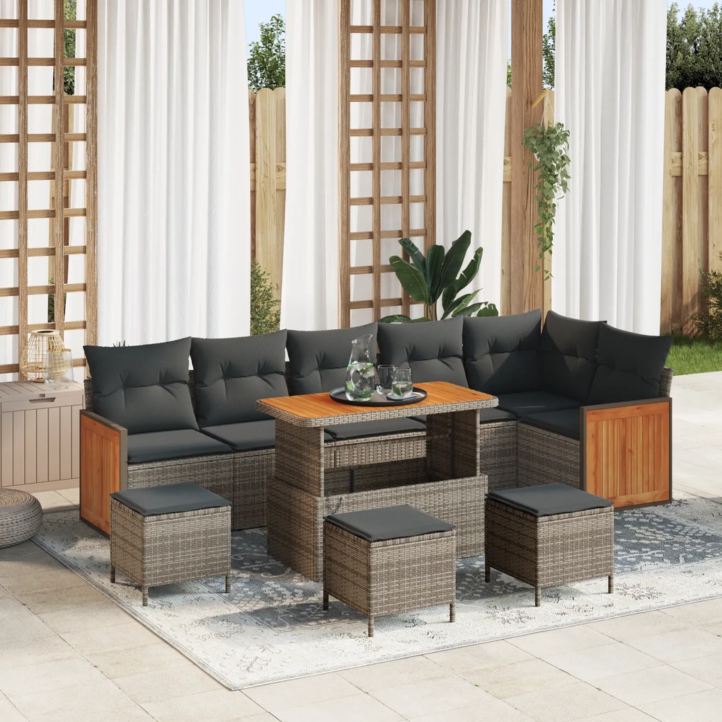 Conjunto de Sofá de Jardim vidaXL com 10 Peças e Almofadas Cinza Rattan Sintético Acácia