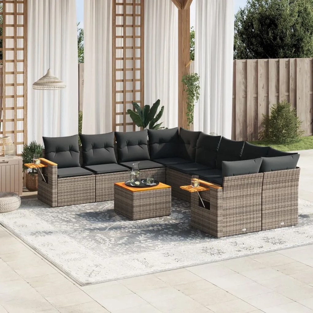 vidaXL 9 pcs conjunto sofás p/ jardim com almofadões vime PE cinzento