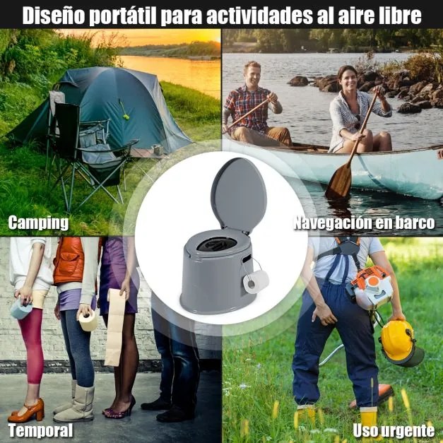 Sanita portátil para campismo 5 L, com tampa e cubo interno removível, WC portátil para viagens ao ar livre, 41 x 49 x 34 cm Cinzenta