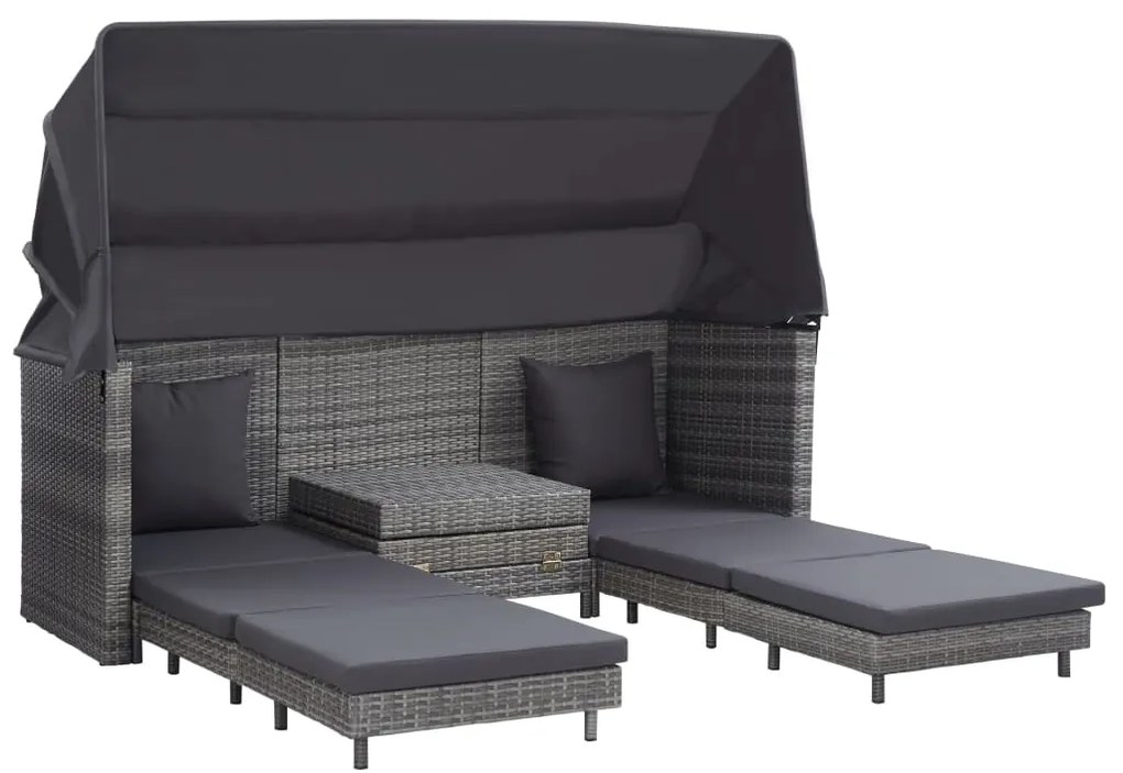 Espreguiçadeira extensível 3 lugares com toldo vime PE cinzento