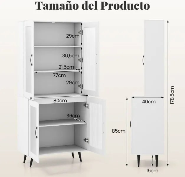 Armário despensa de cozinha 80 x 40 x 178,5 cm, com 4 portas transparentes e prateleira ajustável branco