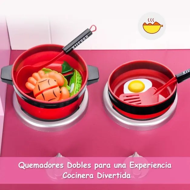 Cozinha de brincar de madeira para crianças com lava-loiça e torneira com forno micro-ondas e fogão Som realista Rosa + Branco