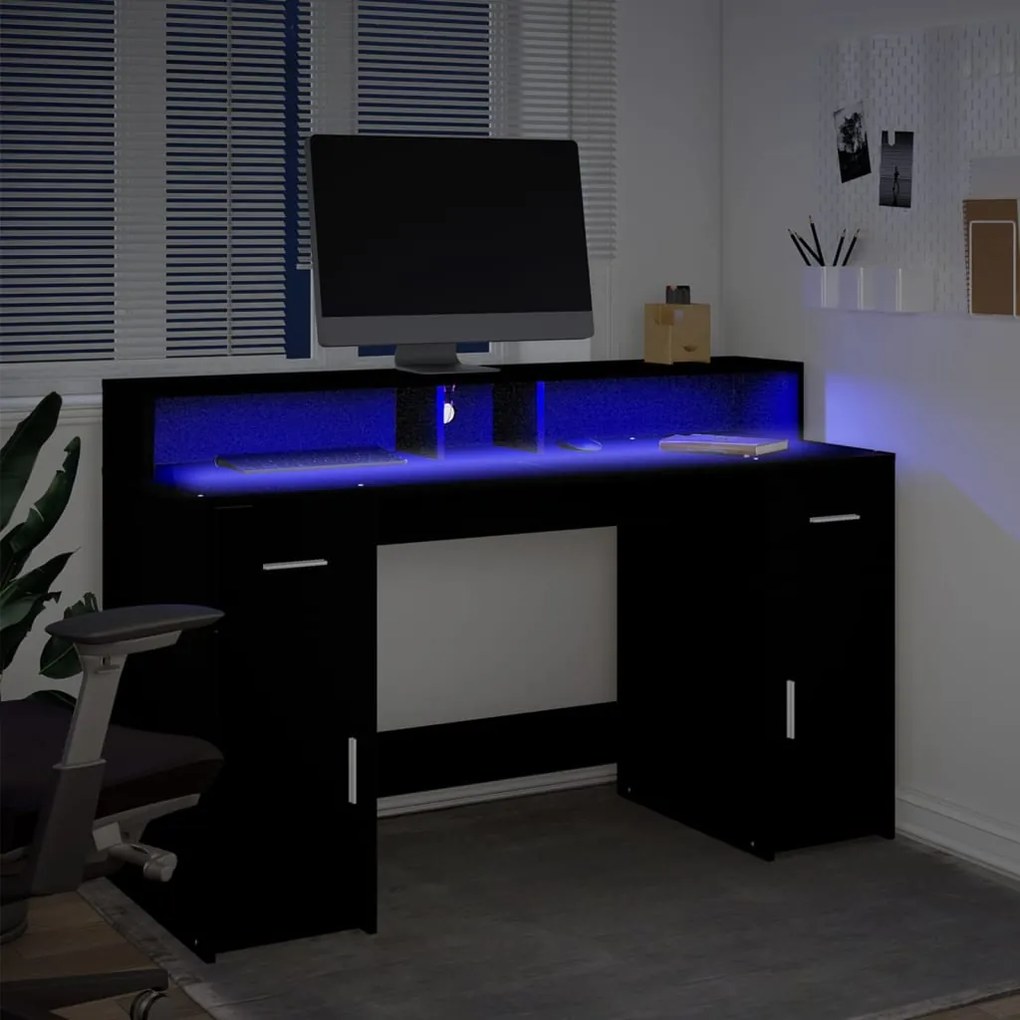 Secretária c/ luzes LED 140x55x91 cm derivados de madeira preto