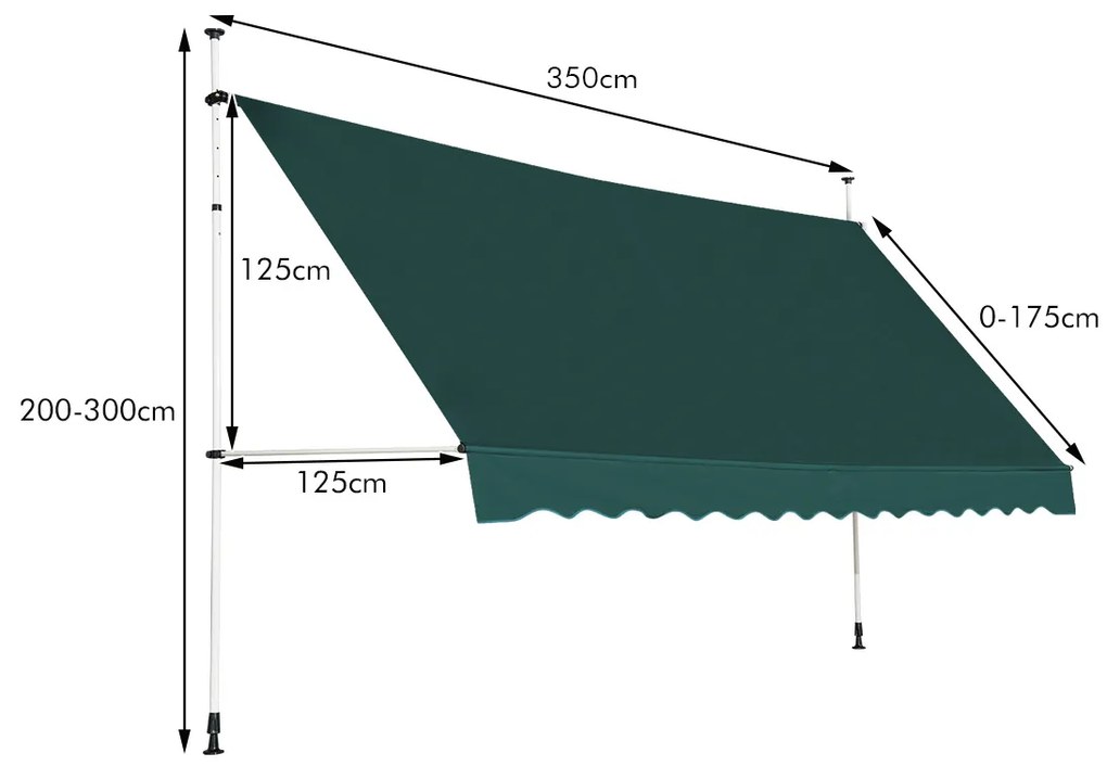 Toldo 350 x 125 cm Exterior telescópico Altura Ajustável 2-3 m com Manivela e Resistente às Intempéries Toldo Manual para Jardim e Varanda Verde