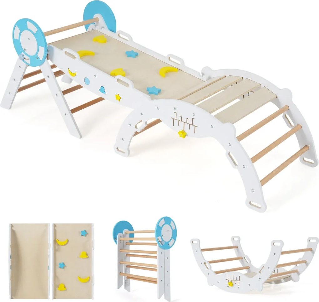 Conjunto triangular 8 em 1 de escalada para bebés com rampa, escada e arco de escalada Montessori de madeira branco