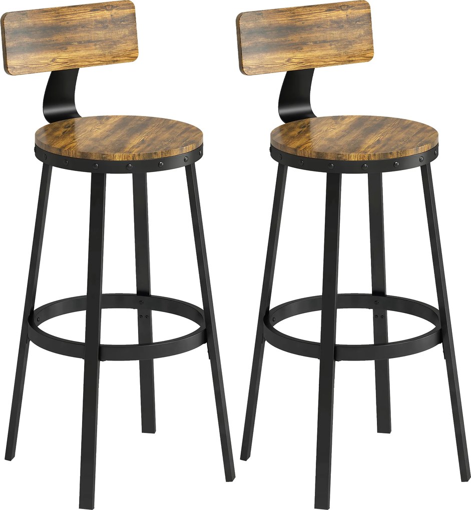 HOMCOM Conjunto 2 Banquetas de Bar Estilo Rústico com Apoio para os Pés, em Madeira e Metal, 37x47x96 cm, Marrom | Aosom Portugal
