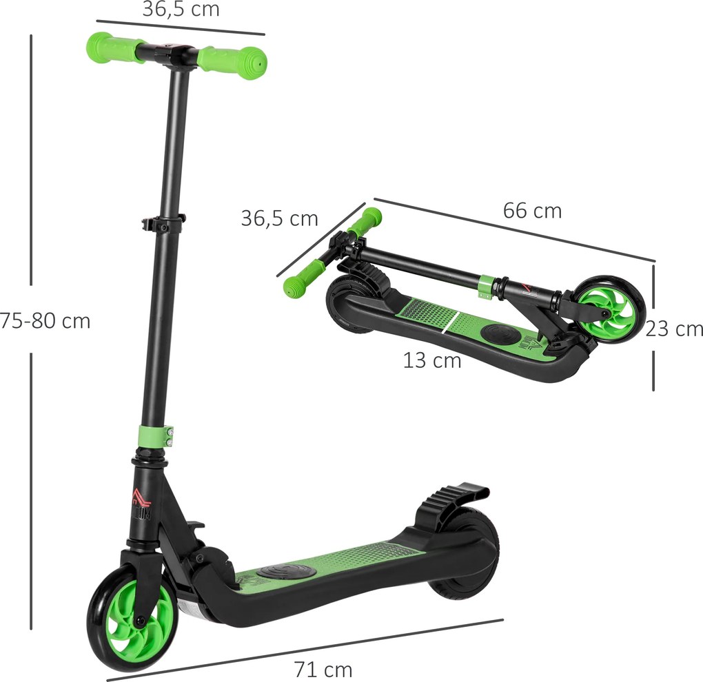 Trotinete elétrico para crianças a partir dos 6 anos, dobrável, velocidade de 8 km/h, 71 x 36,5 x 75-80 cm, alumínio, aço, verde