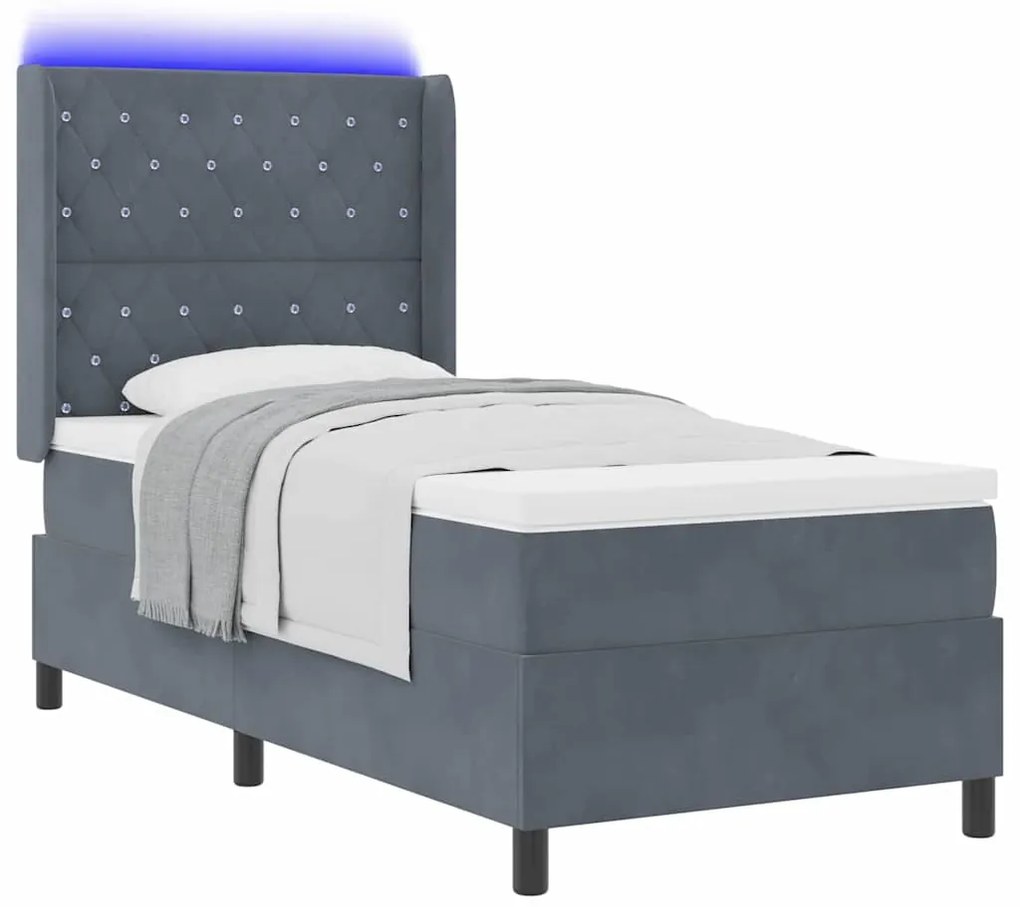 Camas Box Spring com Colchão e LED Cinza Escuro 90x200 cm Veludo