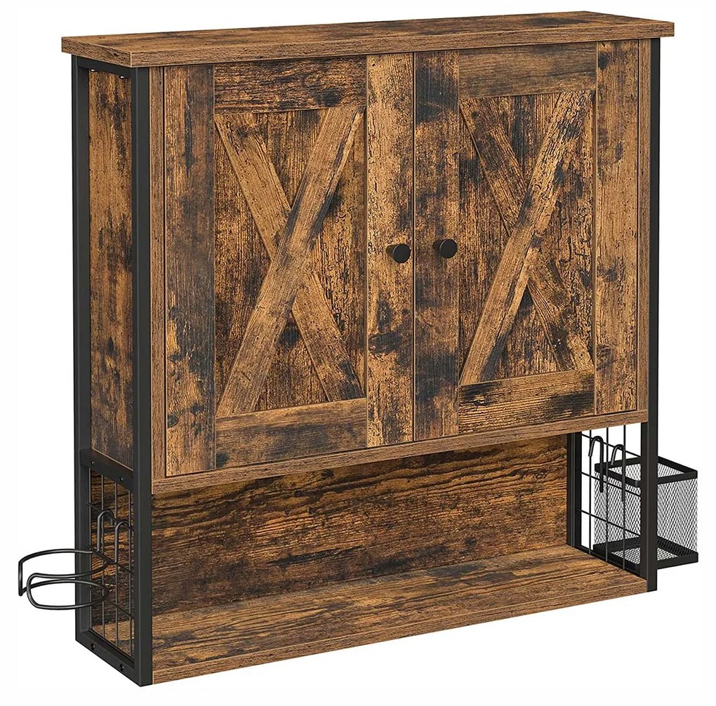 Armário de banheiro VASAGLE, armário de banheiro, armário de parede, armário de armazenamento, com 2 portas, prateleiras ajustáveis, com suporte para secador de cabelo, design industrial, marrom/preto vintage BBK123B01