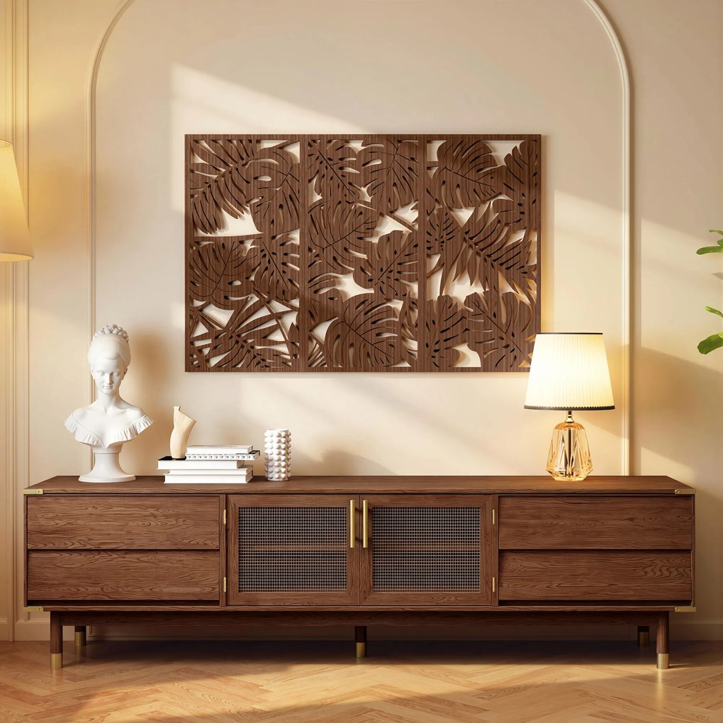 Decoração de Parede em Madeira 3D 3 Peças 40x80 cm Adornos de Parede com Padrão de Folhas Tropicais Nogueira