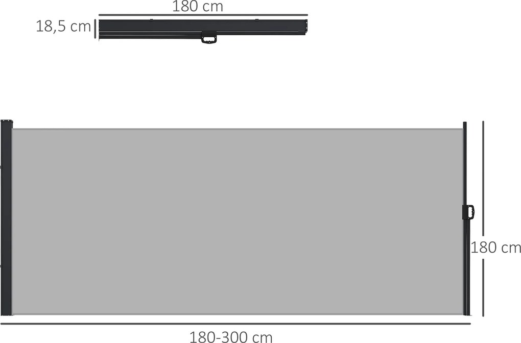 Toldo lateral com proteção contra olhares indiscretos, retrátil, dimensões: 3 m (L) x 1,8 m (A), em alumínio. Poliéster anti-UV de alta densidade, 180