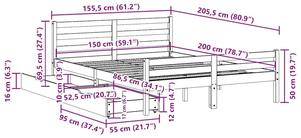 Cama sem colchão 150x200 cm madeira de pinho maciça