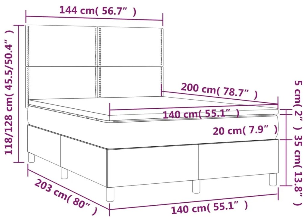 Cama box spring c/ colchão e LED 140x200 cm tecido cinza-escuro