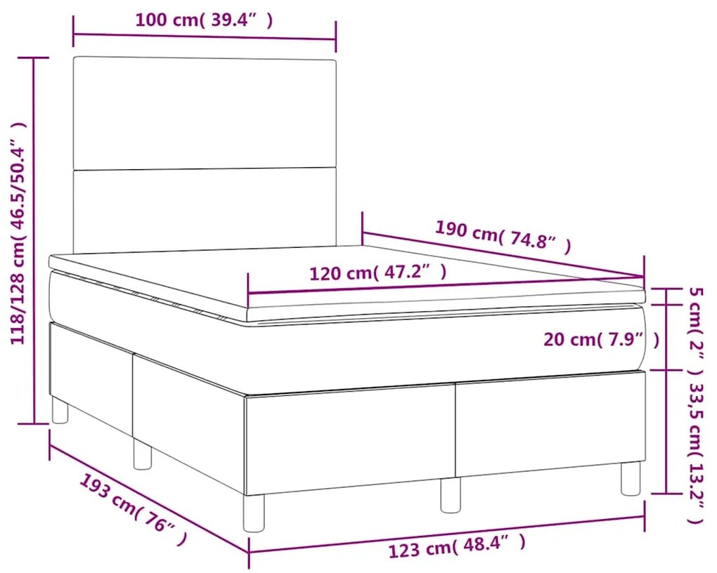 Cama box spring c/ colchão e LED 120x190 cm tecido azul