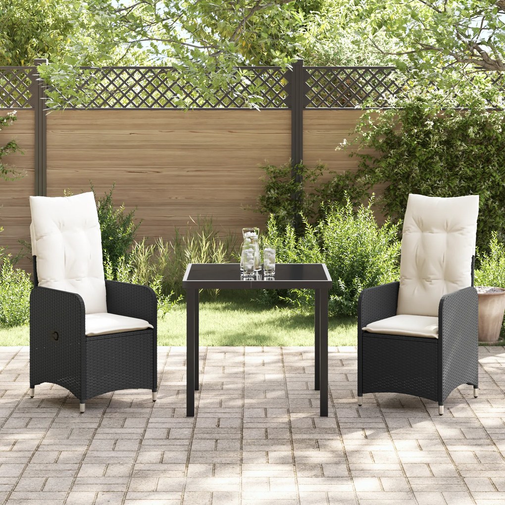 Conjunto de Jantar de Jardim 3 Peças com Almofadas Pretas de Rattan Po