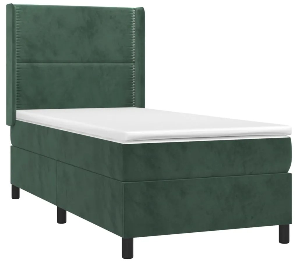 Cama box spring c/ colchão/LED 90x200 cm veludo verde-escuro