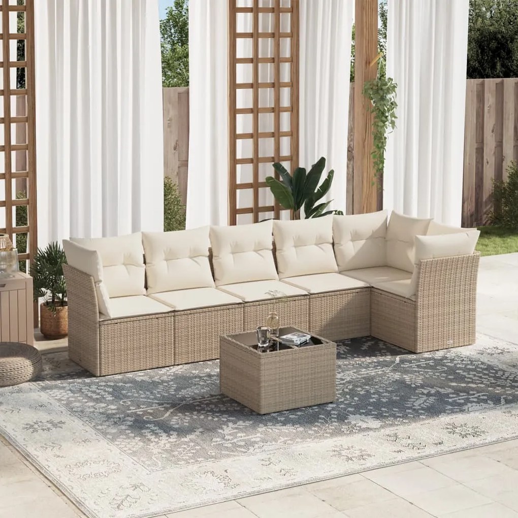 7 pcs conjunto de sofás p/ jardim com almofadões vime PE bege