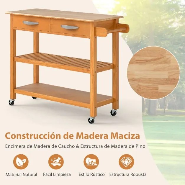 Carrinho de cozinha 116 x 43 x 89 cm com rodas de madeira com 2 gavetas, 2 prateleiras abertas e pega lateral natural