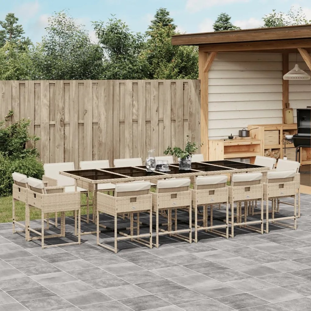 vidaXL 15 pcs conjunto de jantar p/ jardim com almofadões vime PE bege