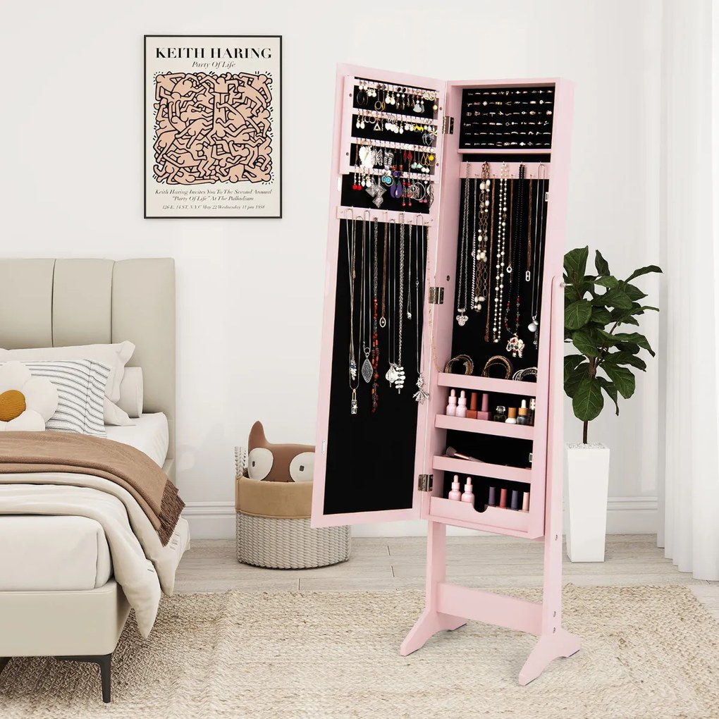 Armário Joias com Espelho de Corpo Inteiro e 3 Ângulos Reguláveis Organizador de Jóias 2 em 1 35 x 30 x 144 cm Rosa
