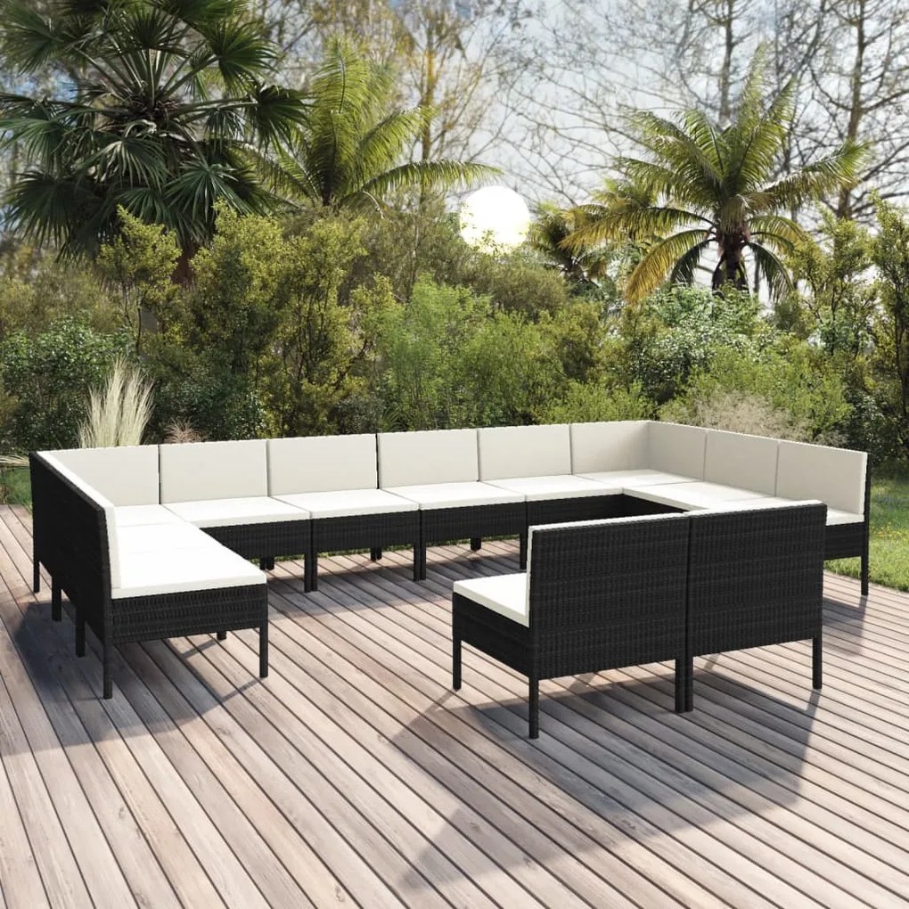 vidaXL 12 pcs conjunto lounge de jardim c/ almofadões vime PE preto