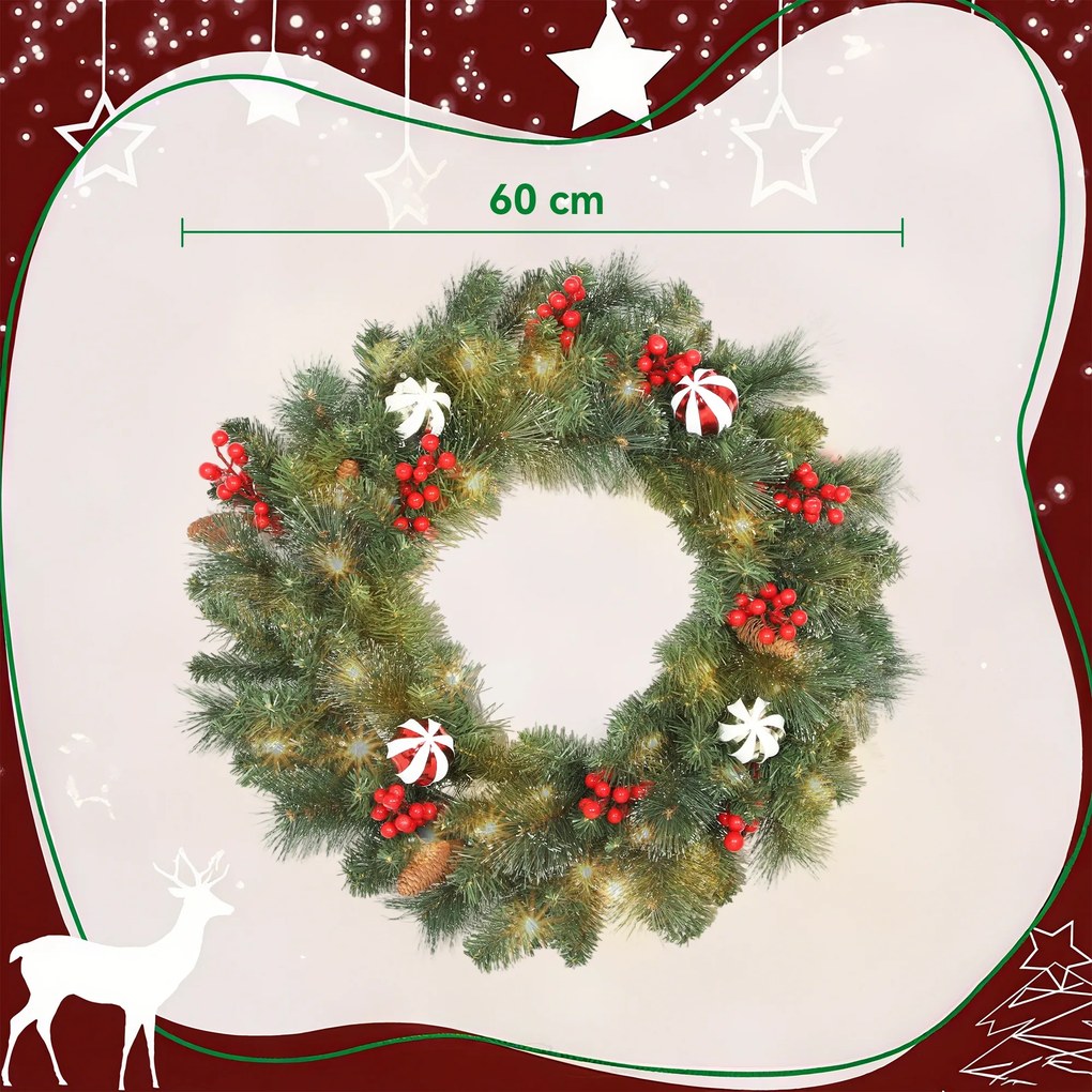 Grinalda de Natal, 60 x 60 x 8 cm, 50 Luzes LED com Temporizador, Verde