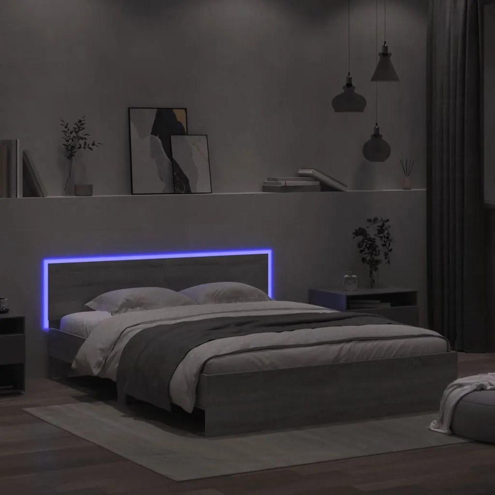 vidaXL Estrutura cama c/ cabeceira/luzes LED 160x200cm cinzento sonoma