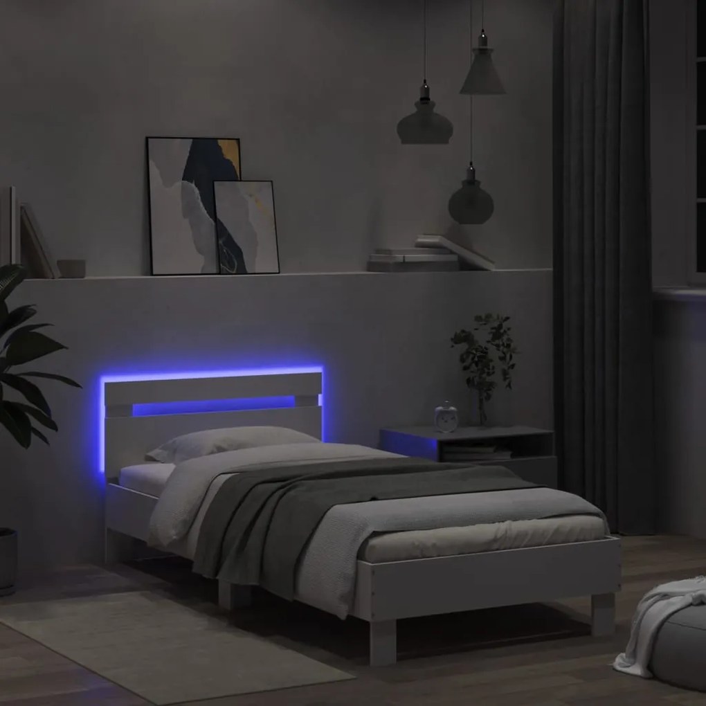 Estrutura de cama com cabeceira e luzes LED 100x200 cm branco