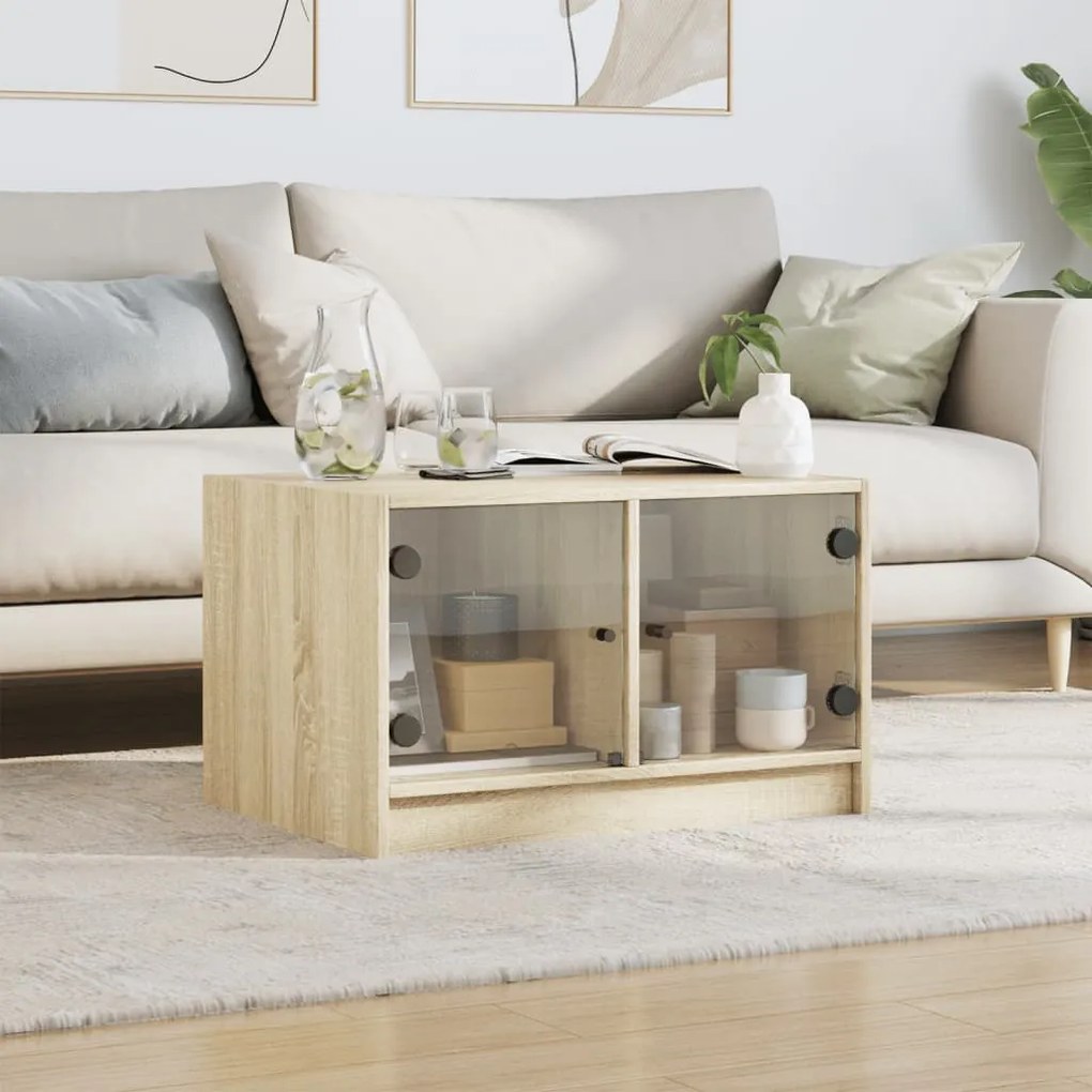 Mesa de centro c/ portas de vidro 68x50x42 cm carvalho sonoma