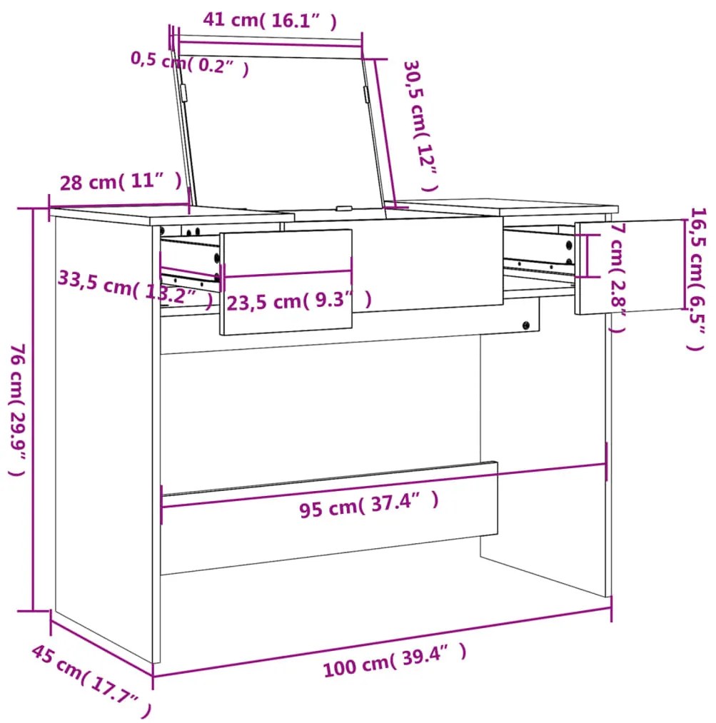 Toucador com espelho 100x45x76 cm cinzento sonoma