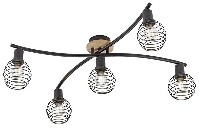 Candeeiro de teto design preto com madeira 5 luzes - Winsten Industrial