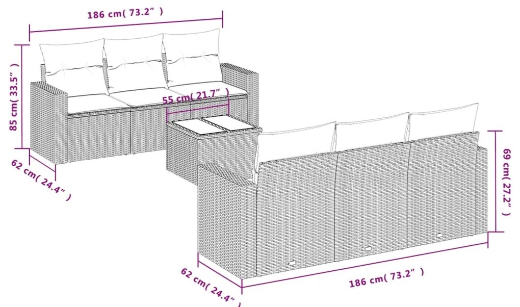 7 pcs conjunto sofás p/ jardim c/ almofadões vime PE cinzento