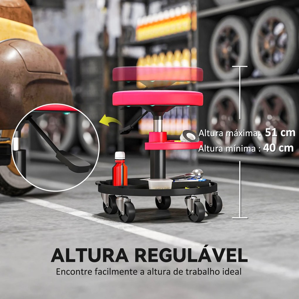 Banco de Oficina Giratório com Rodas Altura Ajustável de 40-51 cm Banco para Mecânico com 2 Bandejas para Ferramentas, Vermelho