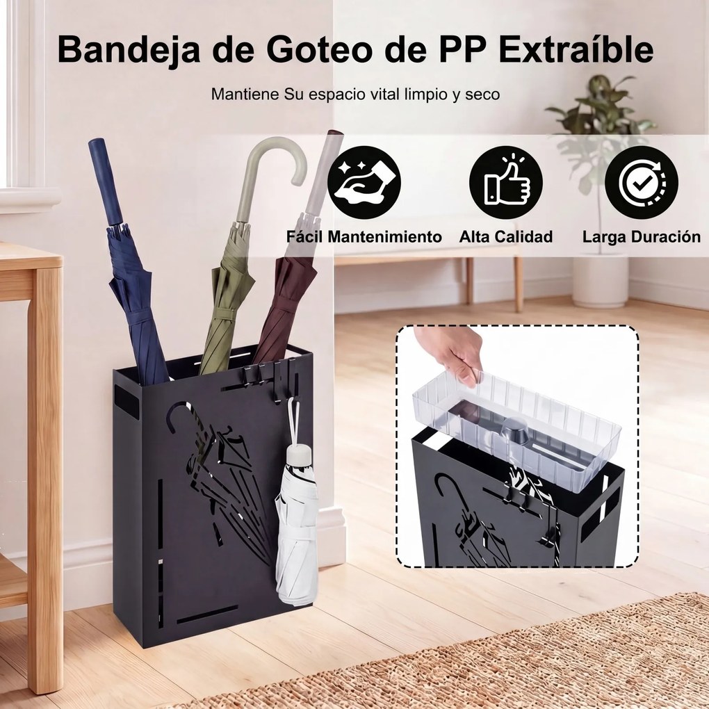 Porta-Guarda-Chuvas para Entrada, 28 x 12 x 41 cm, Bandeja de Recolha Removível, Preto